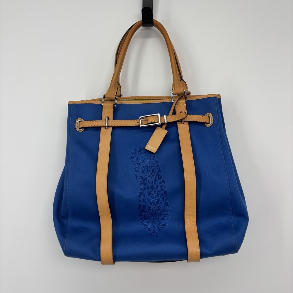 TUMI Large Tote Handbag Business Blue Fabric Tan Leather Straps